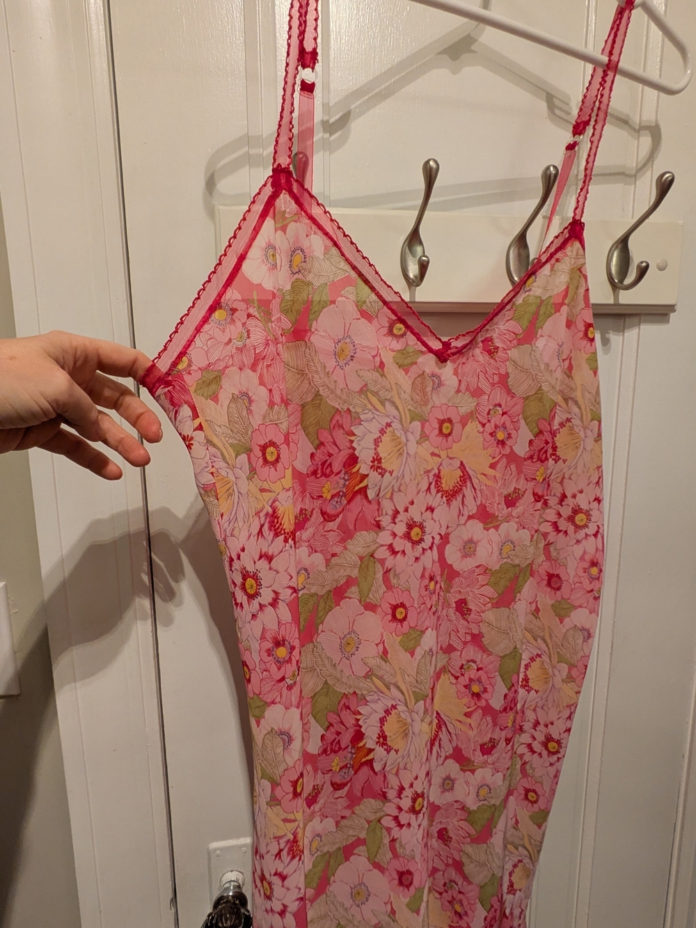 Pretty! Josie Natori Pink & Green Floral Sheer Chemise with Adjustable Straps